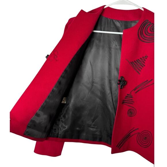 Vintage Red Wool Cropped collarless blazer black accents & frog goggle size M - Picture 11 of 17